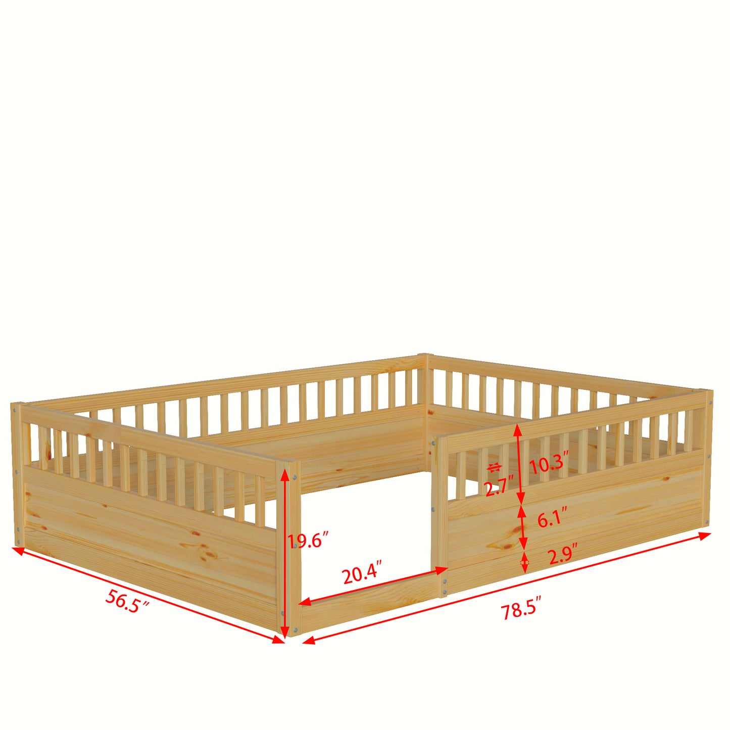 Full Floor Bed Frame with Fence, Wood Kids Floor Beds Frame for Bedroom Playroom,Natural(Expect arrive date Jul. 10th)