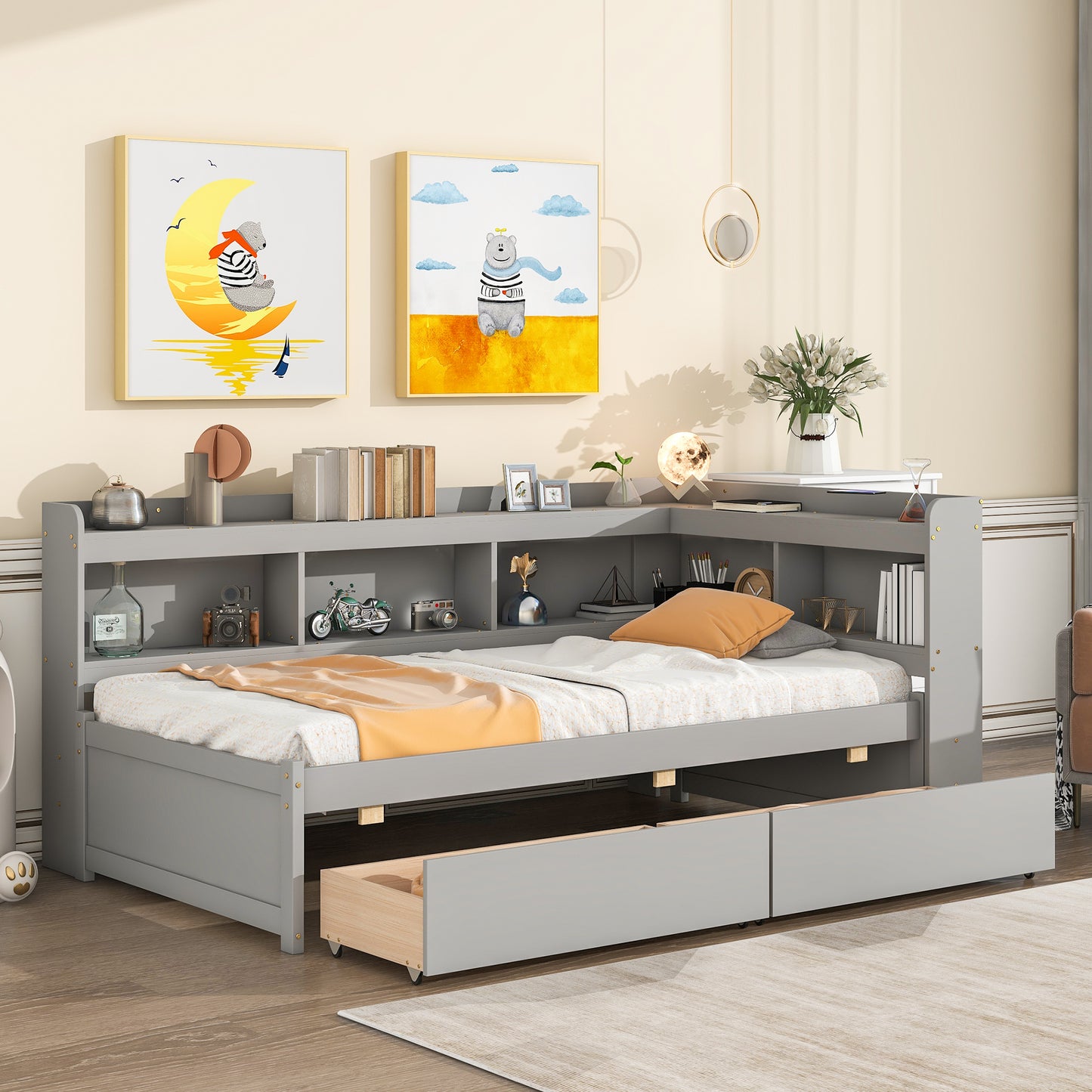 Twin Bed with L-shaped Bookcases,Drawers,Grey