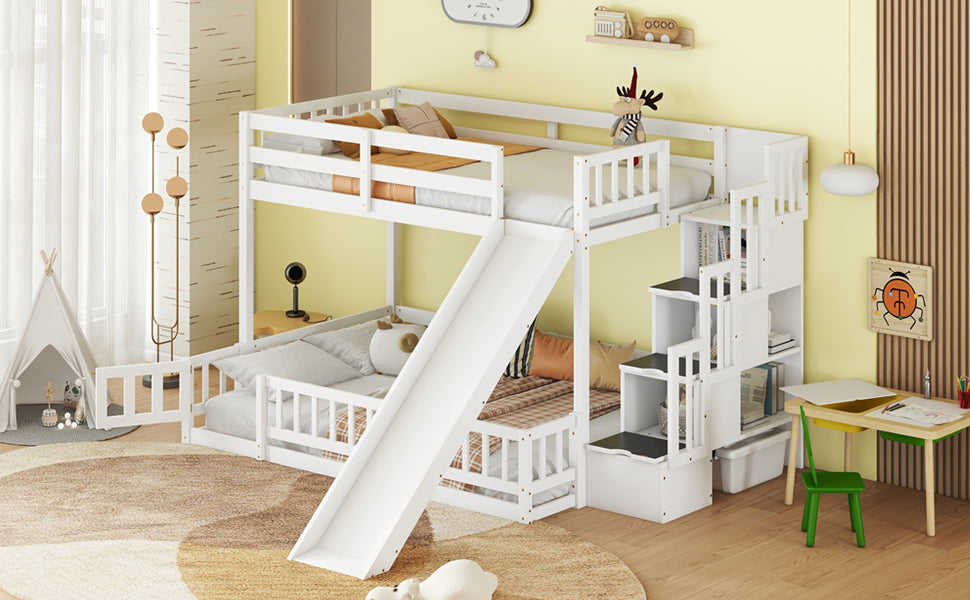 Twin Over Full Bunk Bed with Slide, Storage Staircase, Pine Solid Wooden Bunk Bed with Safety Guardrails,White