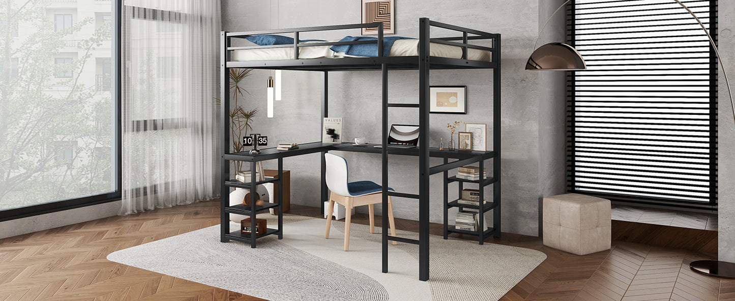 Full Metal Loft Bed with Desk and Shelves, Loft Bed with Ladder and Guardrails, Loft Bed Frame for Bedroom, Black with Black Desk