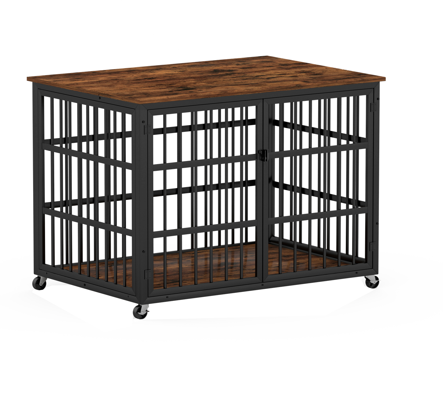 Furniture style dog crate wrought iron frame door with side openings, Rustic Brown, 43.3''W x 29.9''D x 33.5''H.