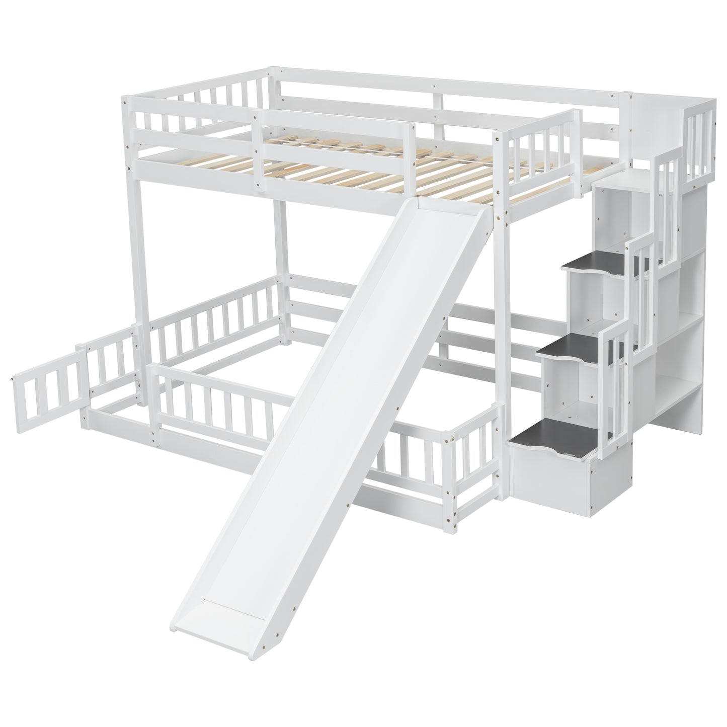 Twin Over Full Bunk Bed with Slide, Storage Staircase, Pine Solid Wooden Bunk Bed with Safety Guardrails,White