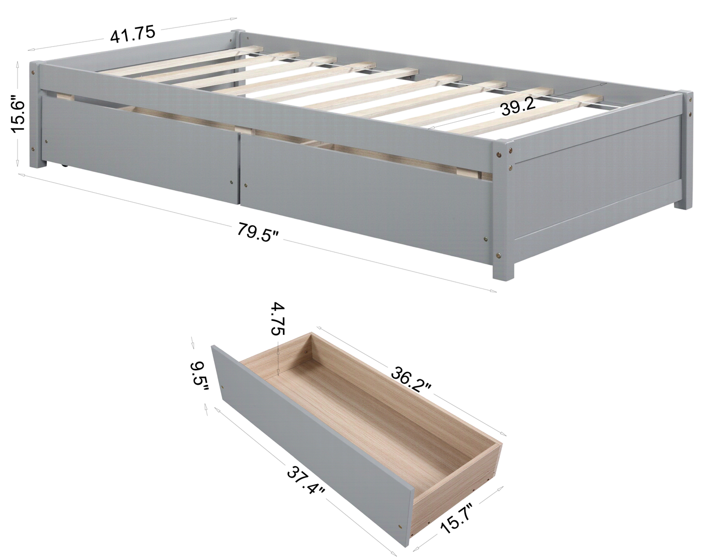 Twin Bed with 2 Drawers, Solid Wood, No Box Spring Needed ,Grey(Old SKU:W50422208)