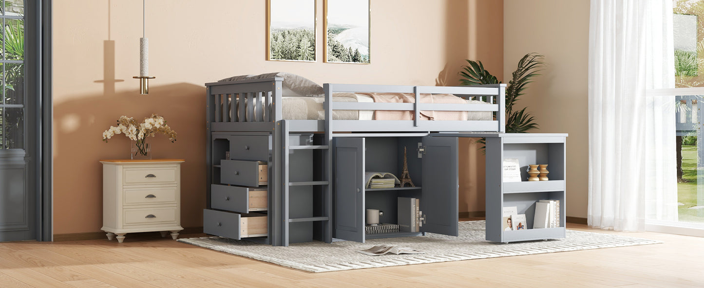 Twin Loft Bed with Storage Cabinet, Drawer and Shelf Cabinet and Pulling-Out Desk, Rubber Wood Loft Bed with Safety Guardrail, Ladder,Grey