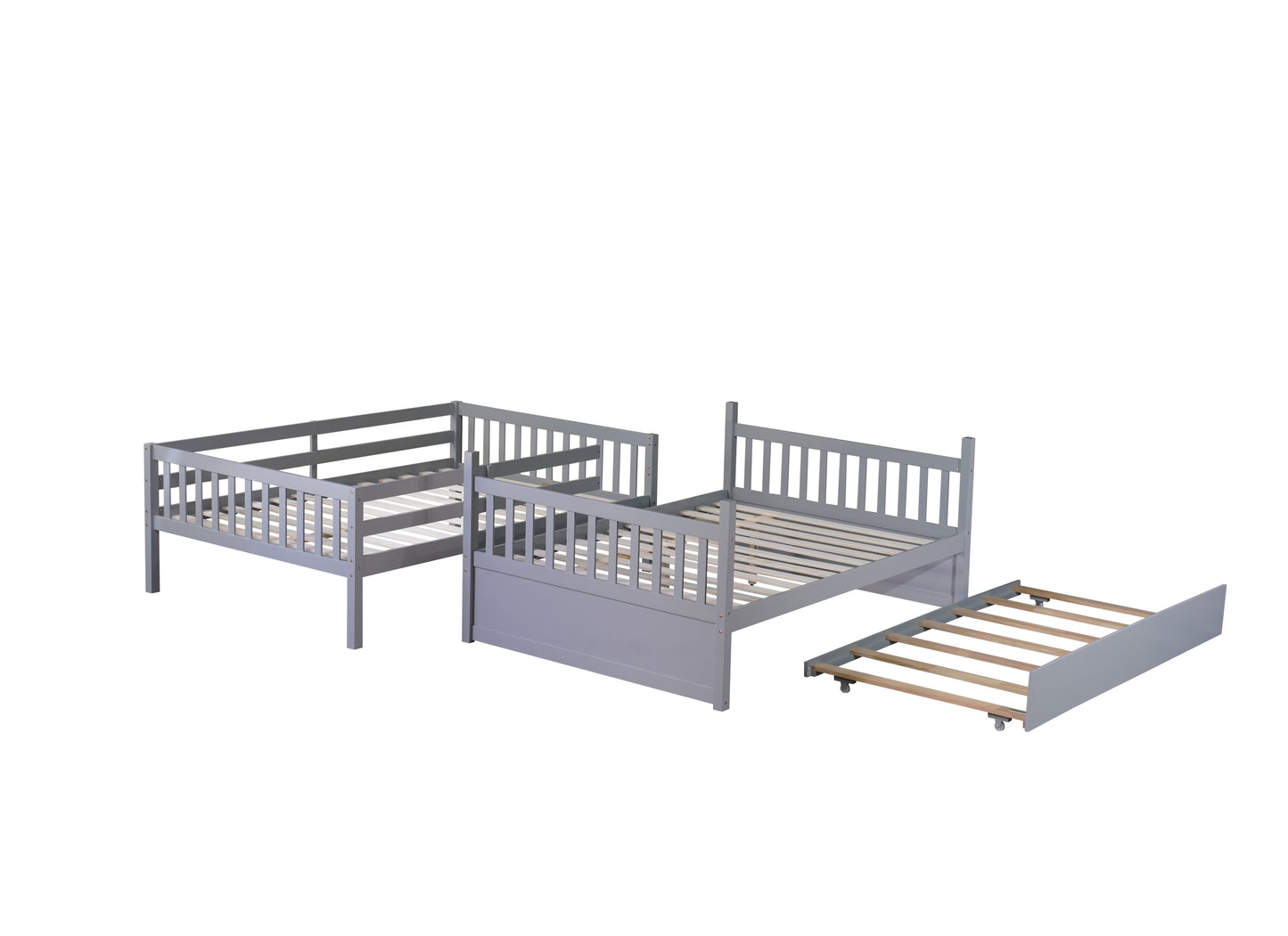 Full Over Full Rubber Wood Bunk Bed with Trundle, Ladder and Guardrails, Convertible to 2 Full Size Beds, with Twin Size Trundle ,Grey(Old Sku:W504S00250)