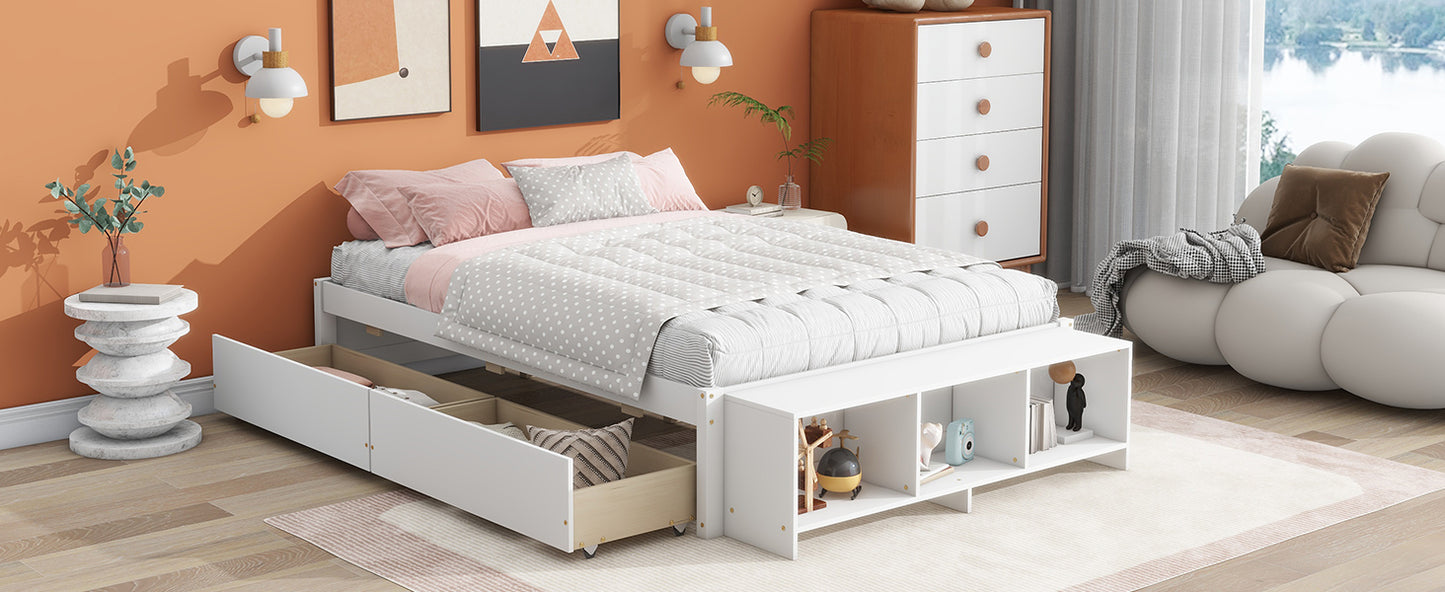 Full Size Bed with Storage Case, 2 Storage drawers, Lengthwise Support Slat,White