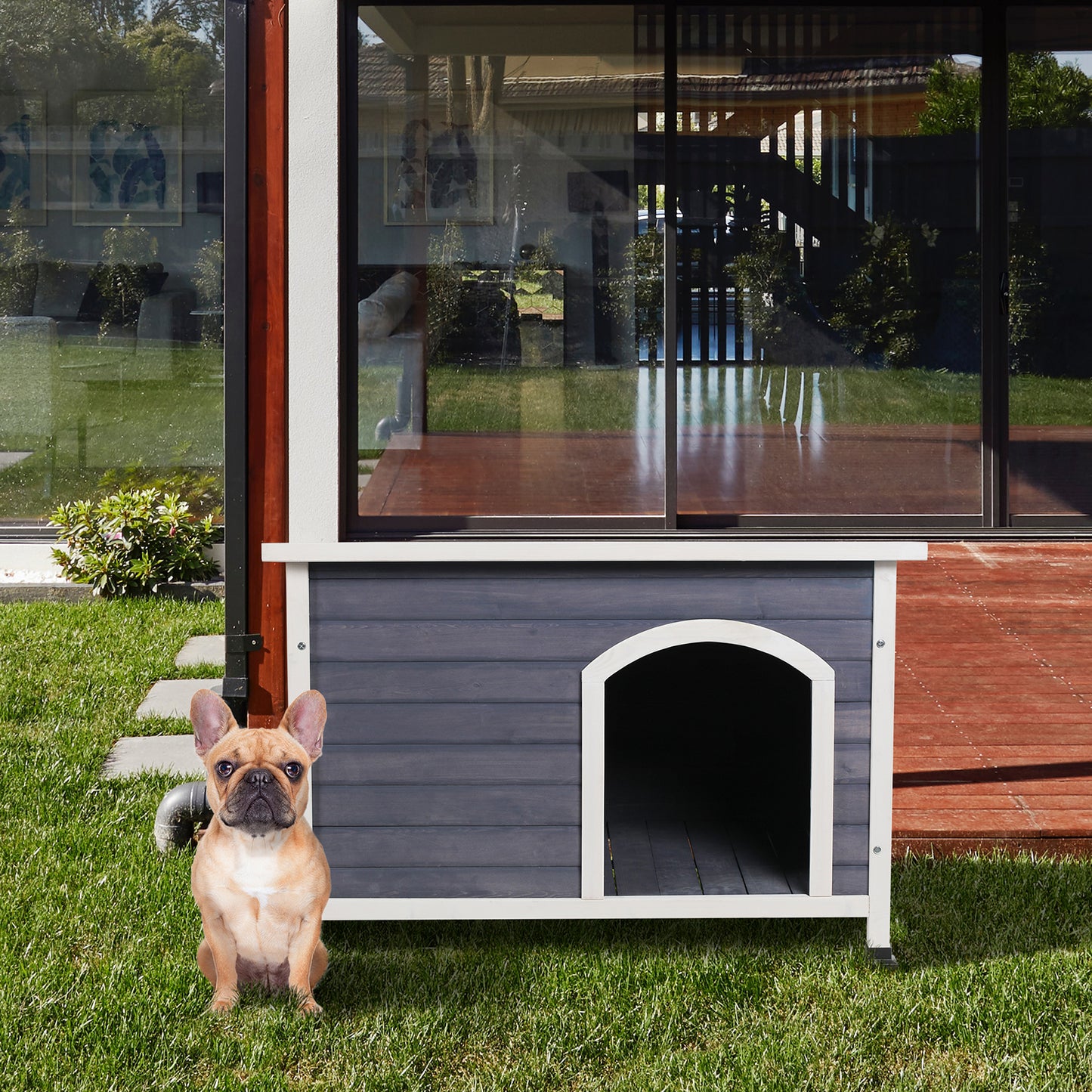 Medium Wooden Outdoor Dog House, Waterproof Roof, Elevated Floor, Grey