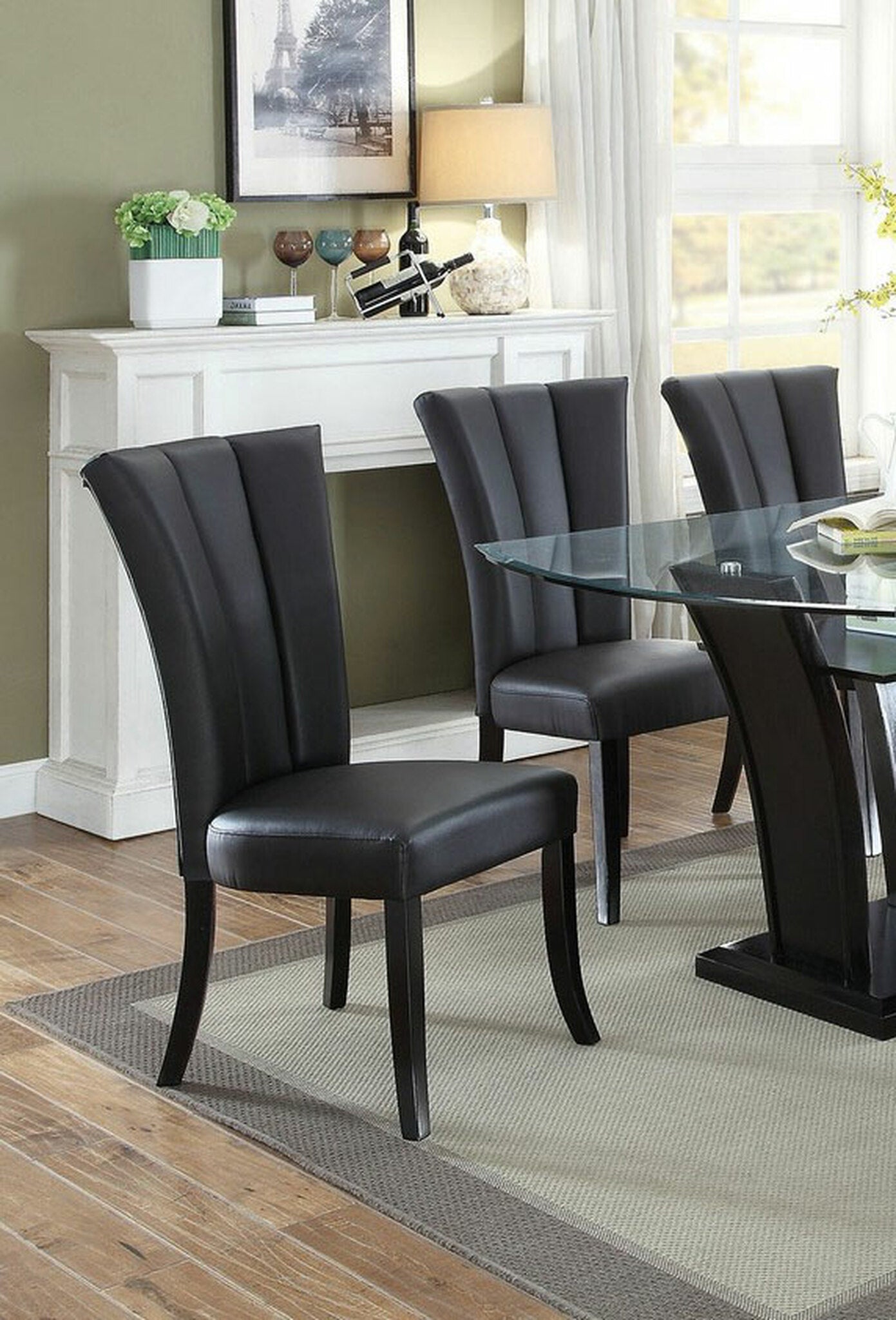 Black Faux Leather Upholstered Lines back Set of 2pc Chairs Dining Room Wide Flair back Chair