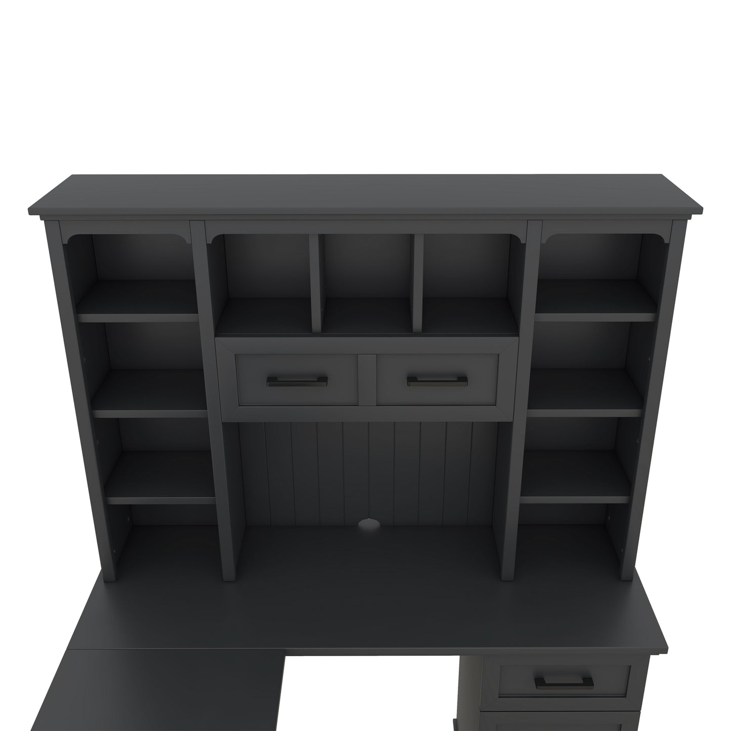 L-shaped computer desk with 2 cabinets and 2 drawers underneath the table, 11 open shelves and a flip-up shelf with storage on the right side, suitable for study, living room and office, Black