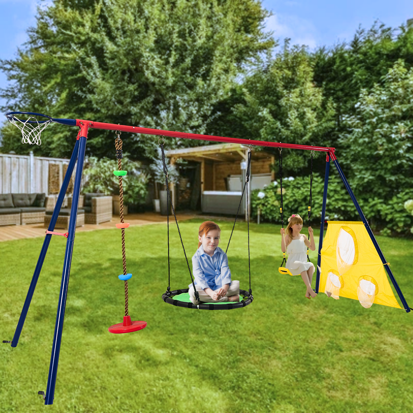 XNS093 rainbow colour interesting 5in1 swingset with Textilene swing and Tree Swing Disc metal plastic safe swing seat 550lbs for outdoor playground for age 3+