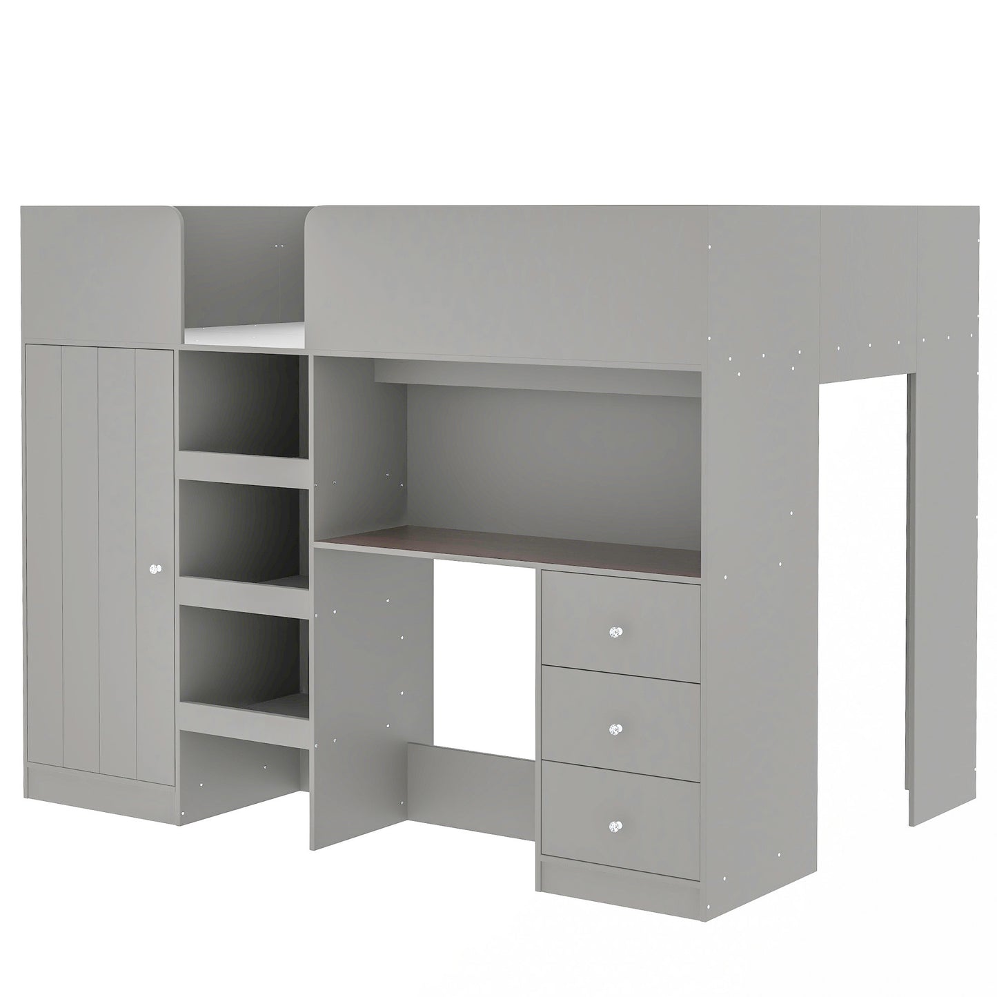 Wood Full Size Loft Bed with Built-in Wardrobe, Desk, Storage Shelves and Drawers, Grey