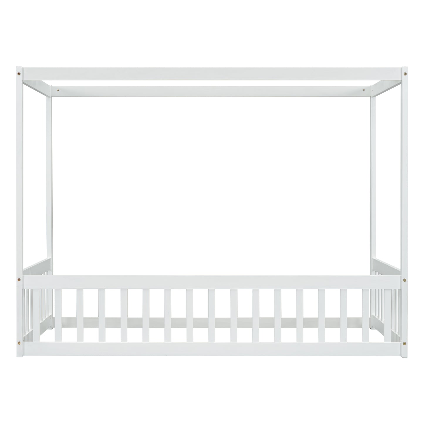 Twin Size Canopy Frame Floor Bed with Fence, Guardrails,White