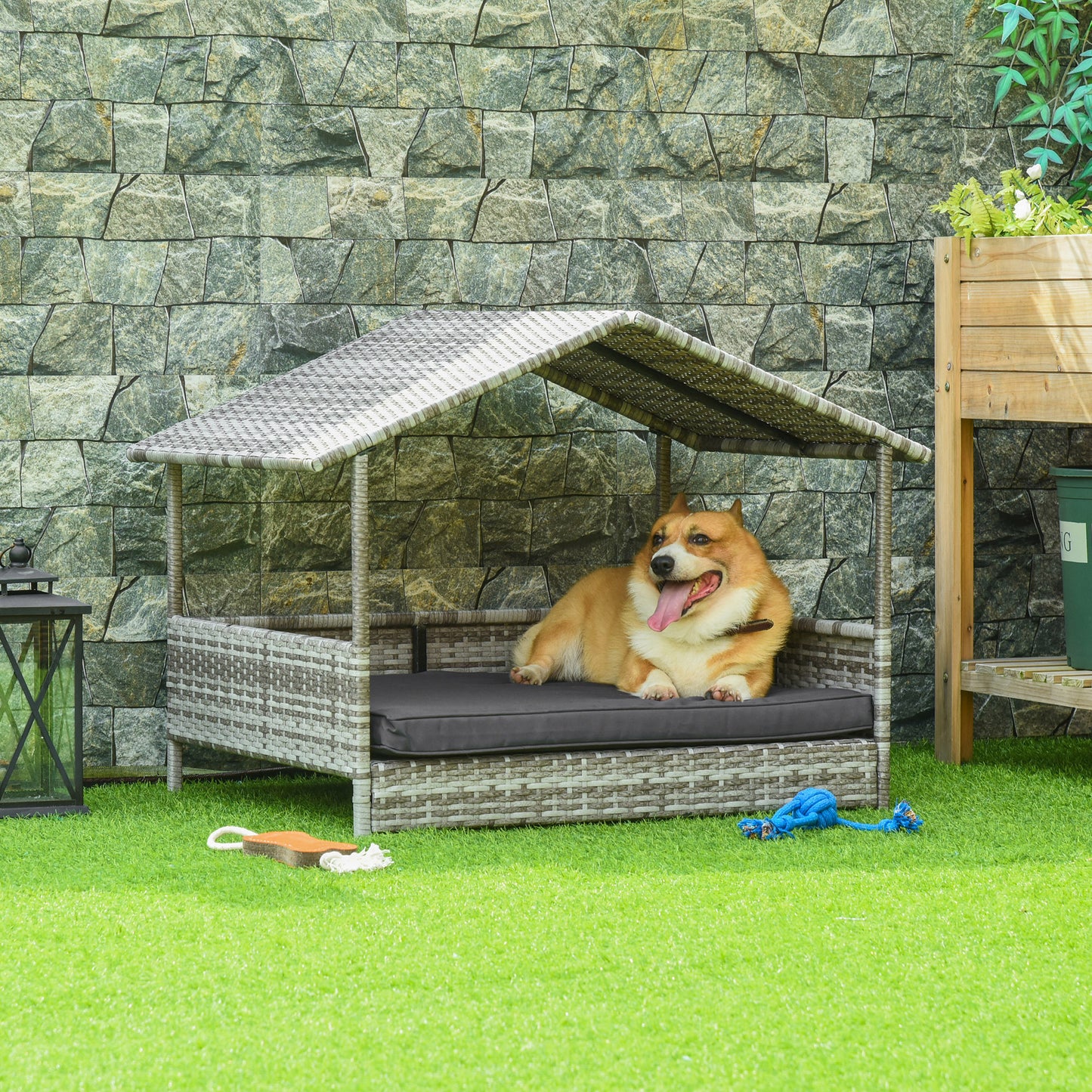 Wicker Dog House Outdoor with Canopy, Rattan Dog Bed with Water-resistant Cushion, for Small and Medium Dogs, Cream