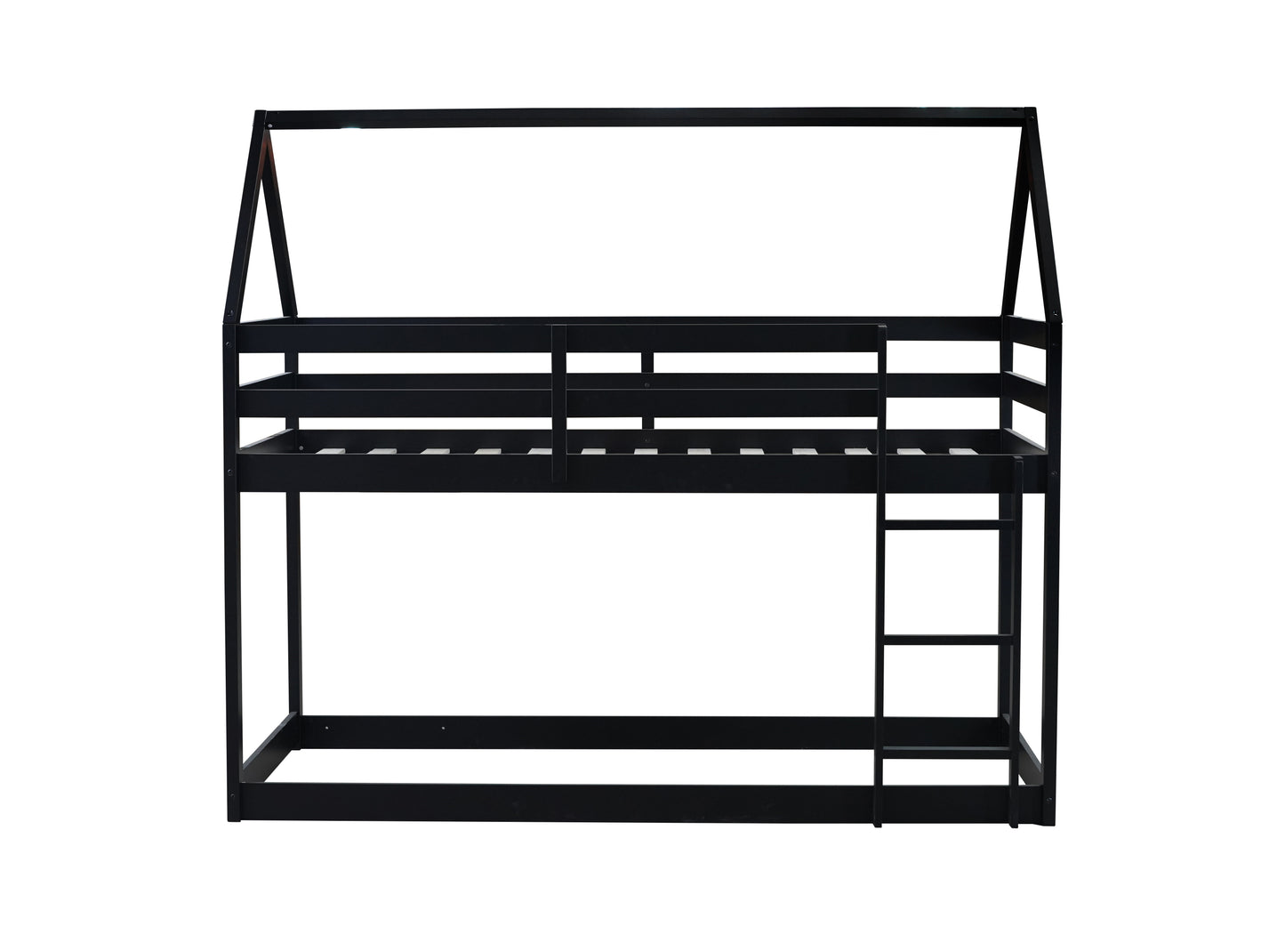 Twin over Twin Rubber Wood Floor Bunk Bed, with ladder,Guardrails,House-Shaped-Bunk Bed, Black