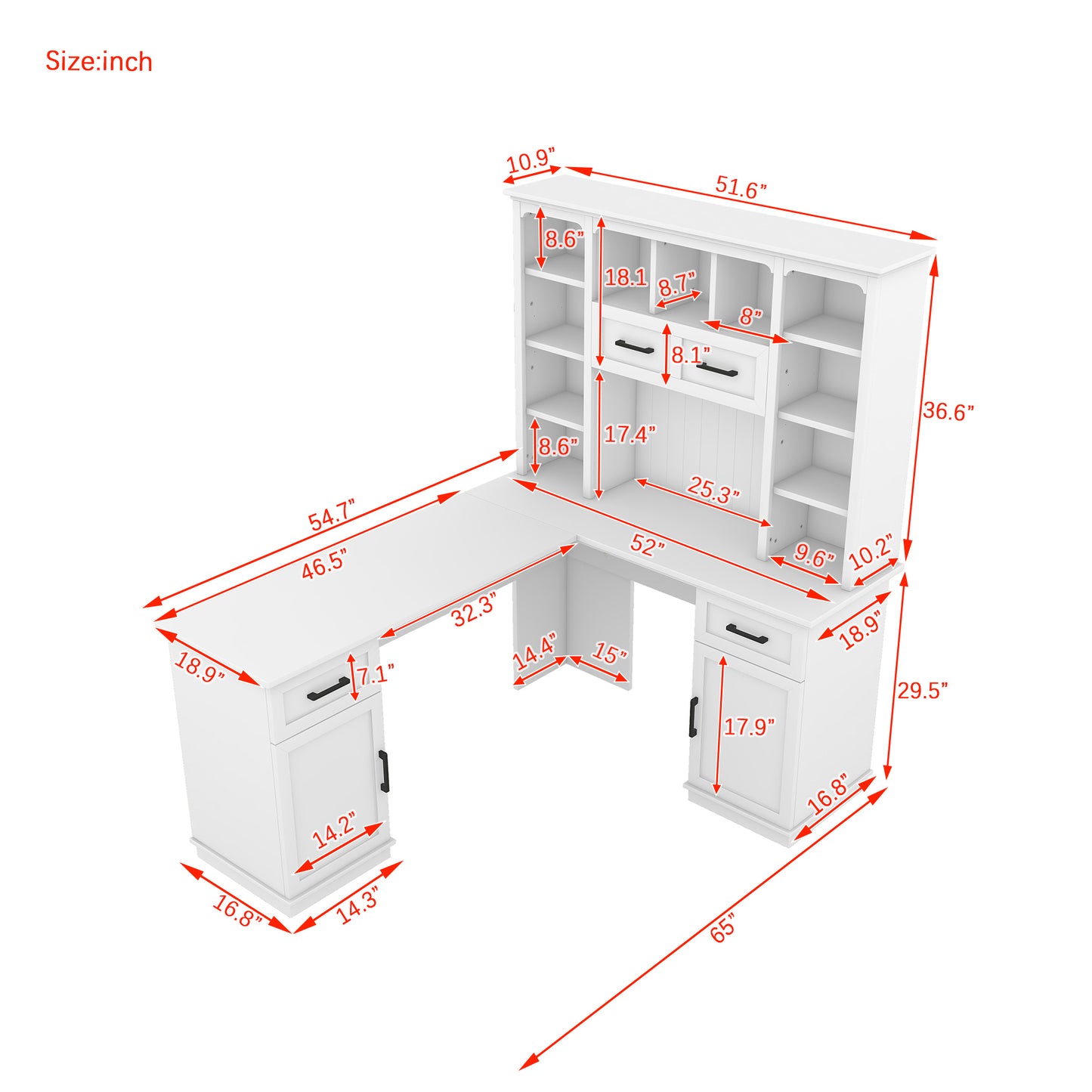 L-shaped computer desk with 2 cabinets and 2 drawers underneath the table, 11 open shelves and a flip-up shelf with storage on the right side, suitable for study, living room and office, White