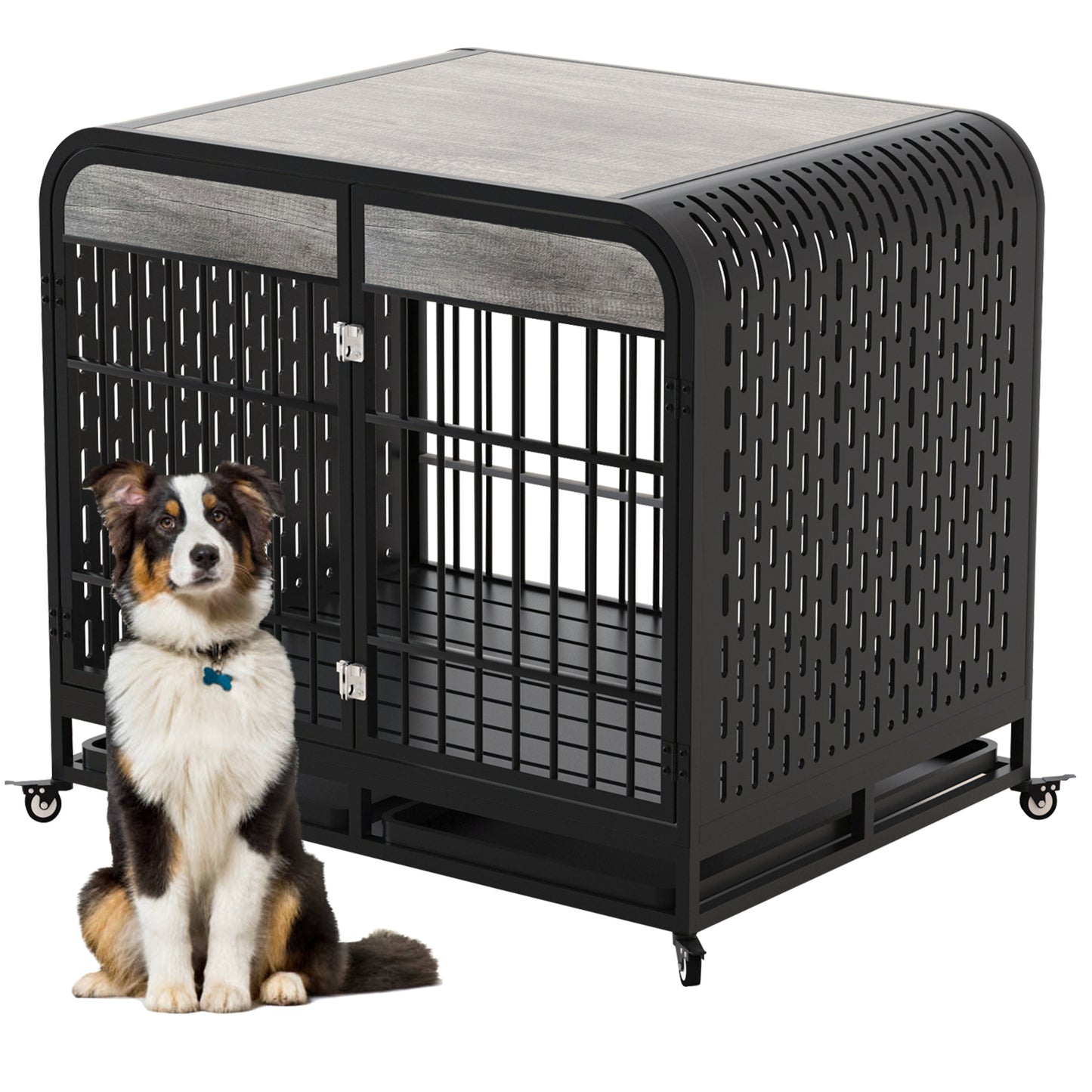 Heavy Duty Dog Crate Furniture Wooden Table Pet Dog Cage Kennel House Indoor Side End Table Decor with Removable Trays and Lockable Wheels for Medium and Large Dogs 42" Grey