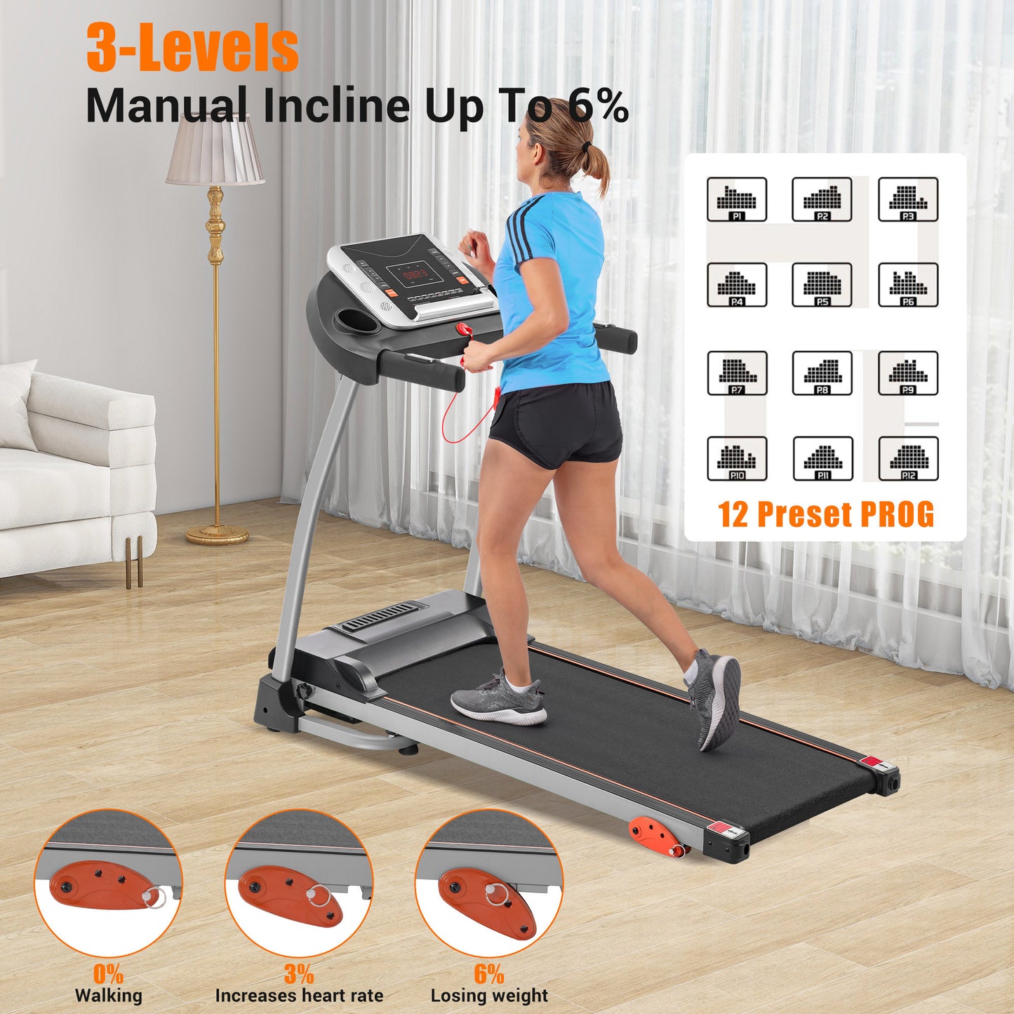 Easy Folding Treadmill for Home Use, 2.5HP Electric Running, Jogging & Walking Machine with Device Holder & Pulse Sensor, 3-Level Incline Adjustable Compact Foldable