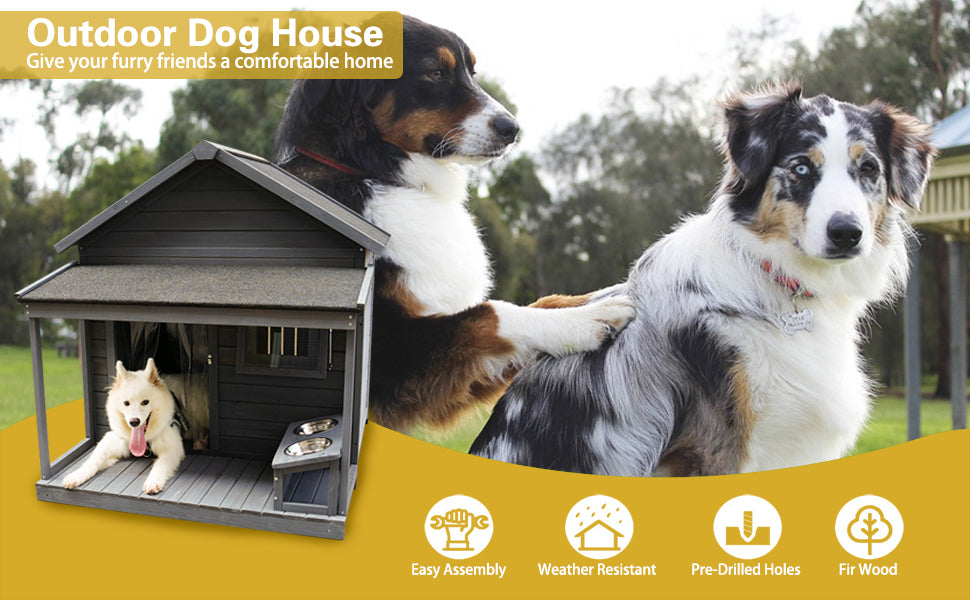 Large balcony dog house, length 44.2" x width 44.6 "x height 44.6" Solid wood asphalt roof dog house with large terrace, weatherproof large dog house, cleaning mat, feeding bowl