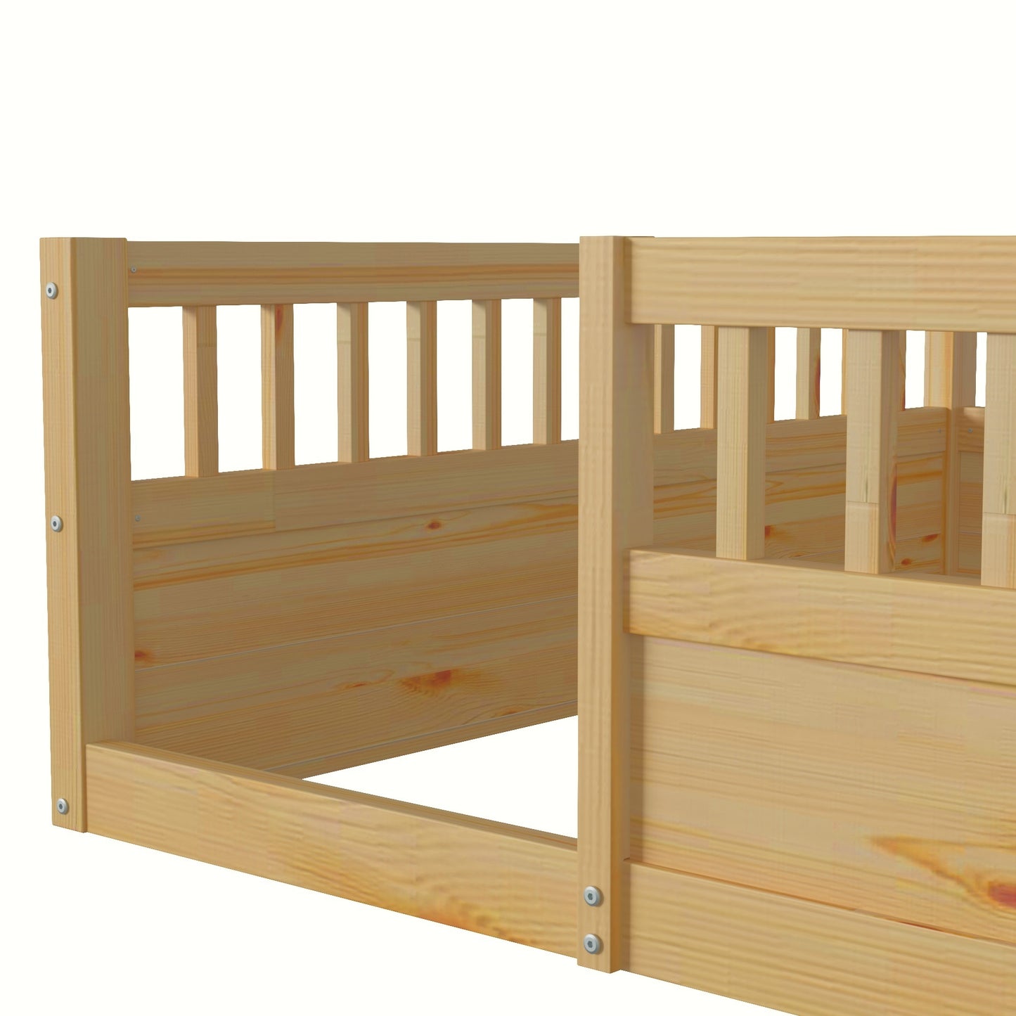 Full Floor Bed Frame with Fence, Wood Kids Floor Beds Frame for Bedroom Playroom,Natural(Expect arrive date Jul. 10th)