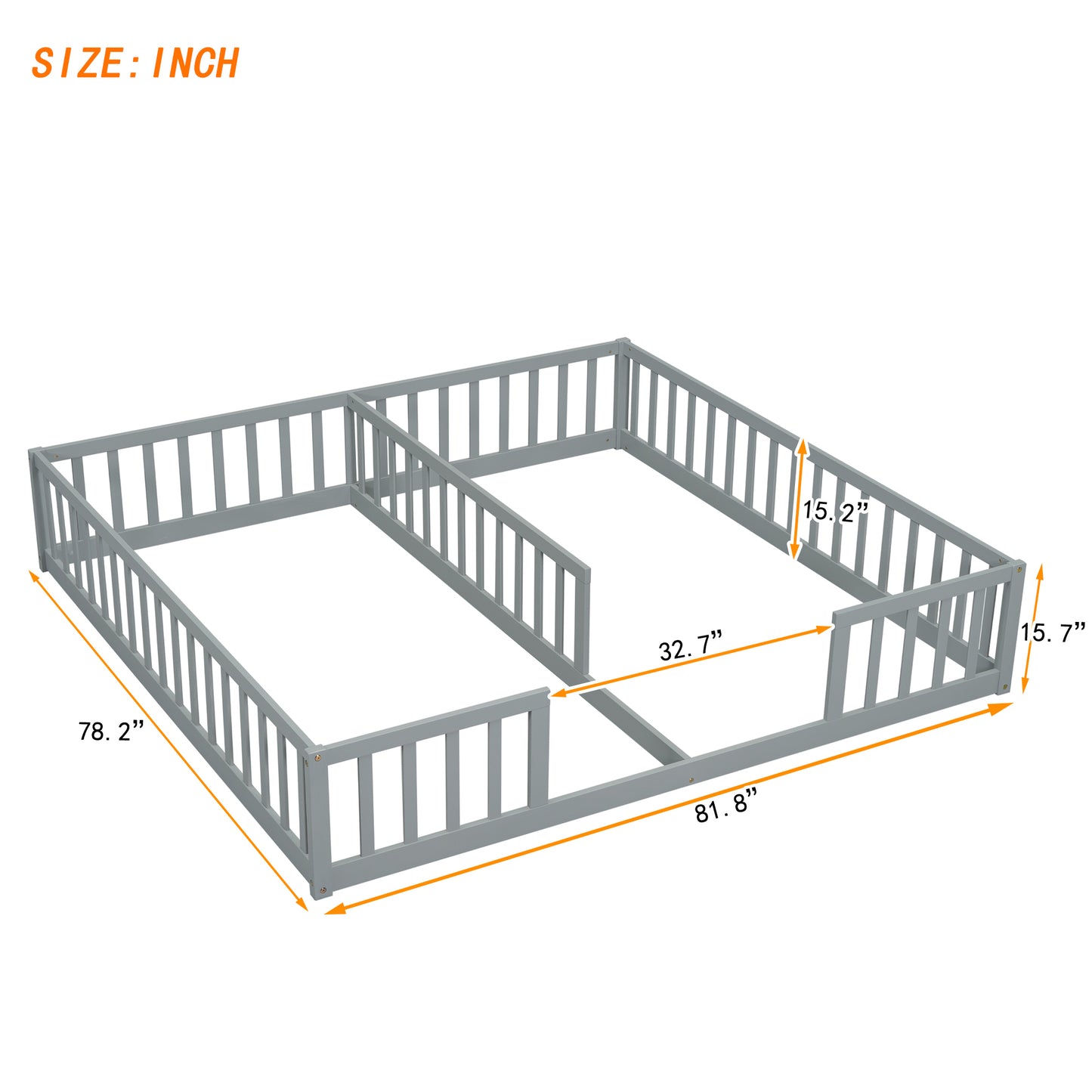 Double Twin Floor Bed with Fence, Guardrails, without door, Grey