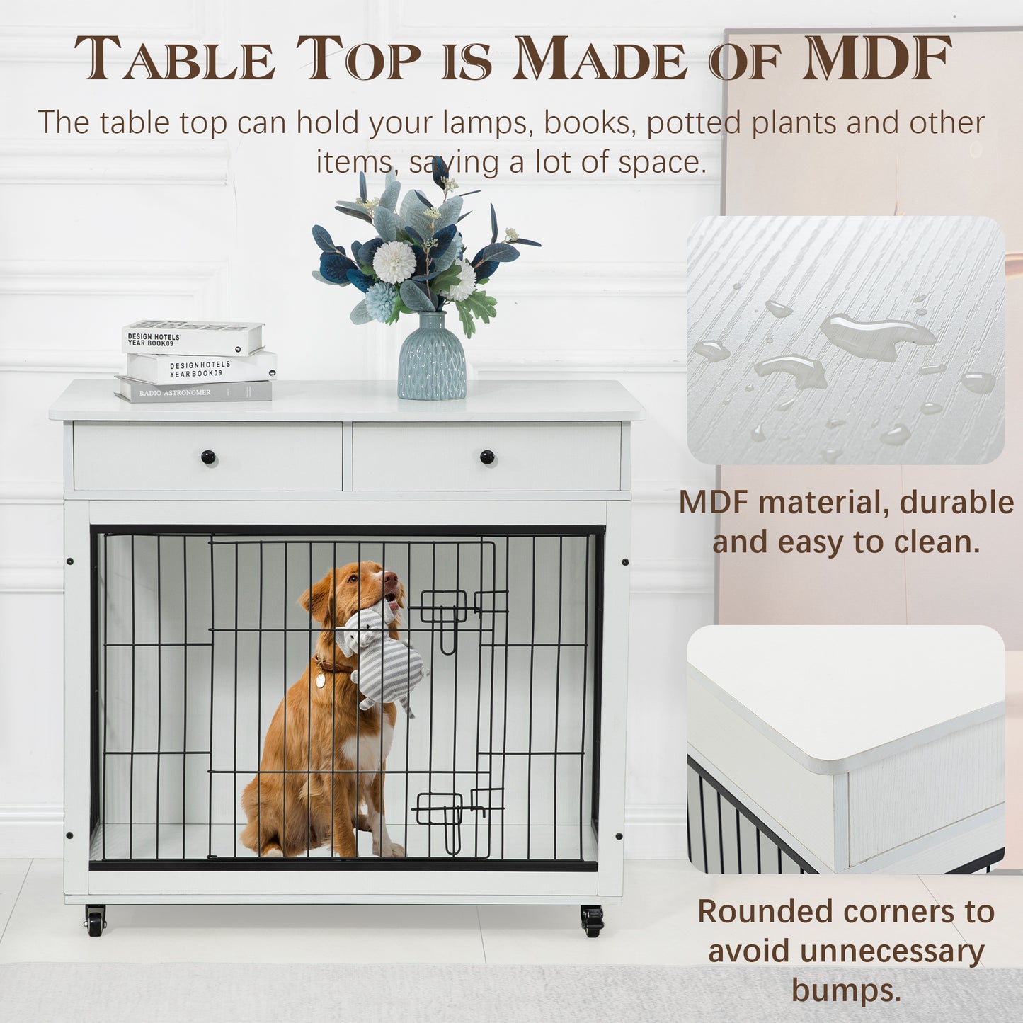 Dog Crate Furniture, Wooden Dog Crate End Table, 38.4 Inch Dog Kennel with 2 Drawers Storage, Heavy Duty Dog Crate, Decorative Pet Crate Dog Cage for Large Indoor Use (White) 38.4" L×23.2" W×35" H