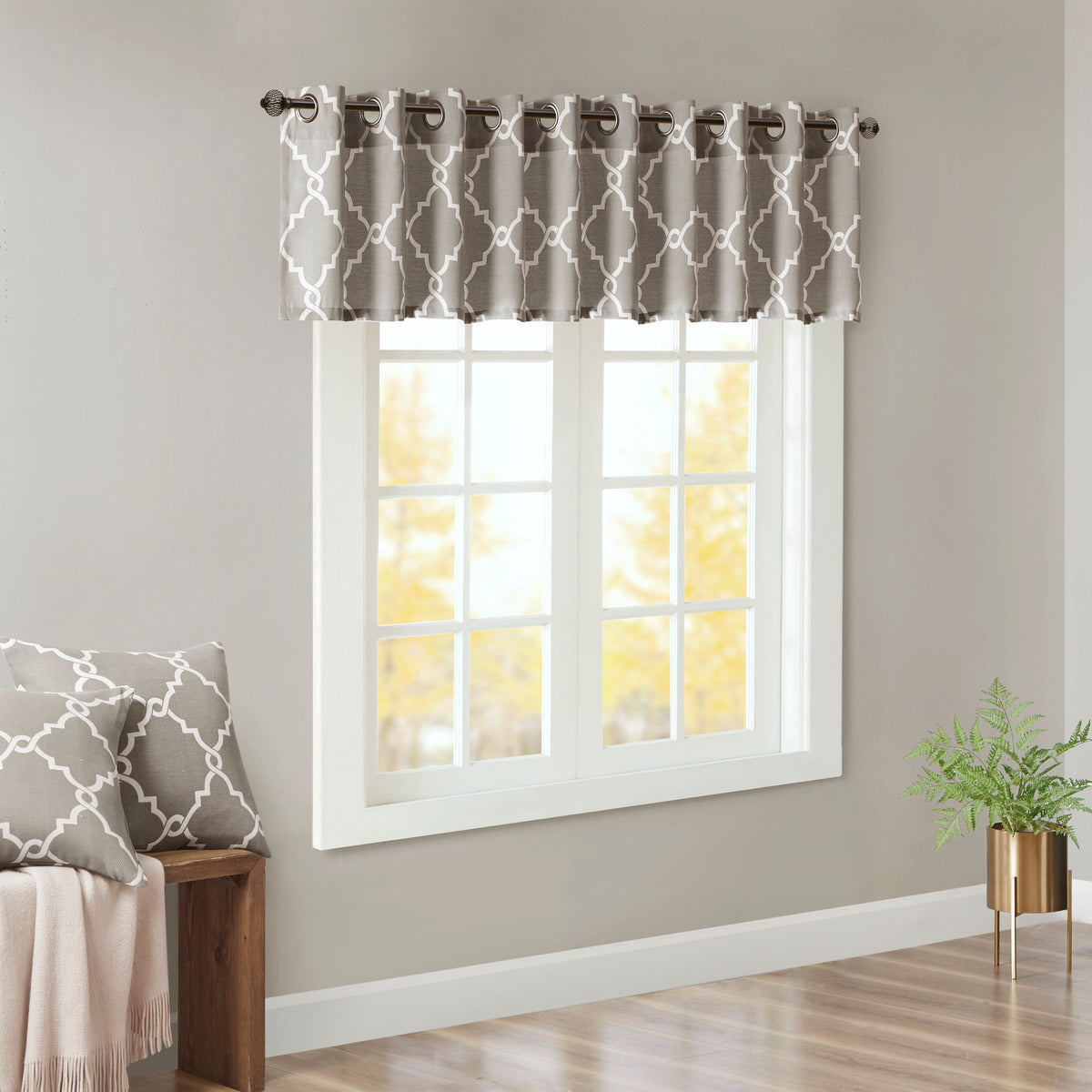 Fretwork Print Grommet Top Window Valance Grey/White 50x18'