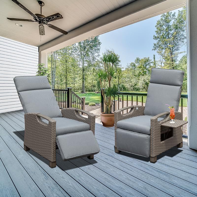 Outdoor Recliner Chair, Patio Recliner with Hand-Woven Wicker, Flip Table Push Back, Adjustable Angle, 6.8'' Thickness Cushions, Reclining Lounge Chair for Indoor and Outdoor, Gray