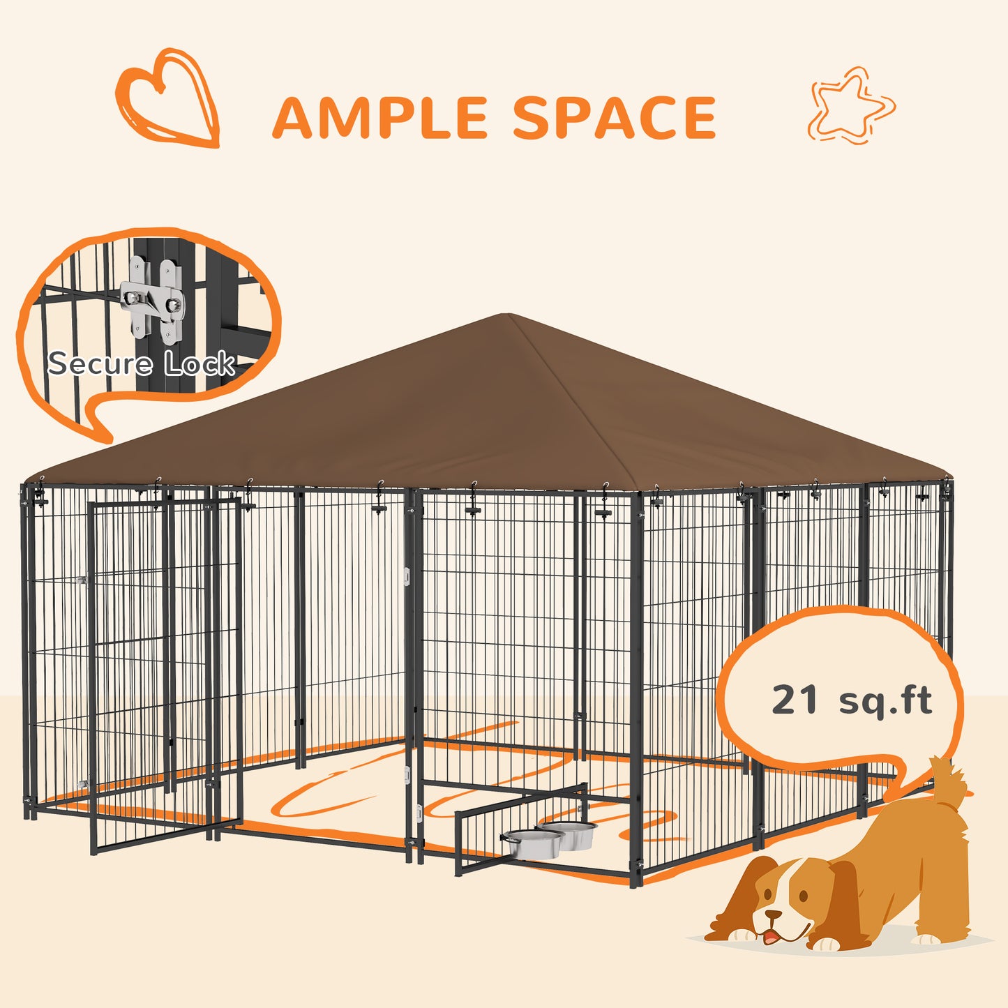 PawHut Outside Dog Kennel, 6.9' x 6.9' x 5' Puppy Play Pen with Canopy, Garden Playpen Fence Crate Enclosure Cage Rotating Bowl, Coffee