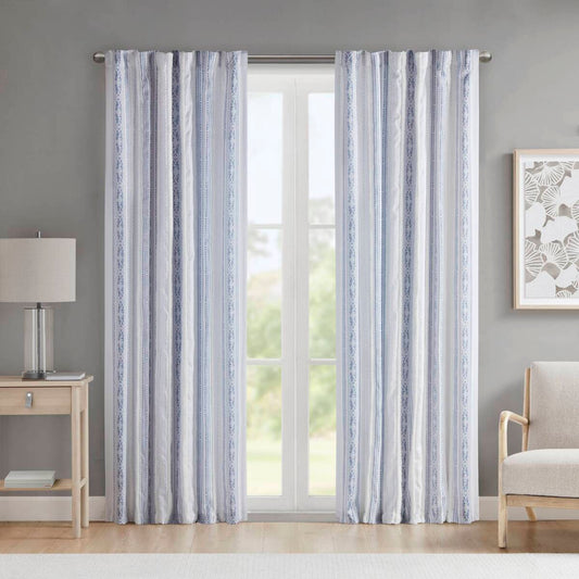 Poly Printed Curtain Panel with Tufted Stripe and Lining White/Navy 50x95'