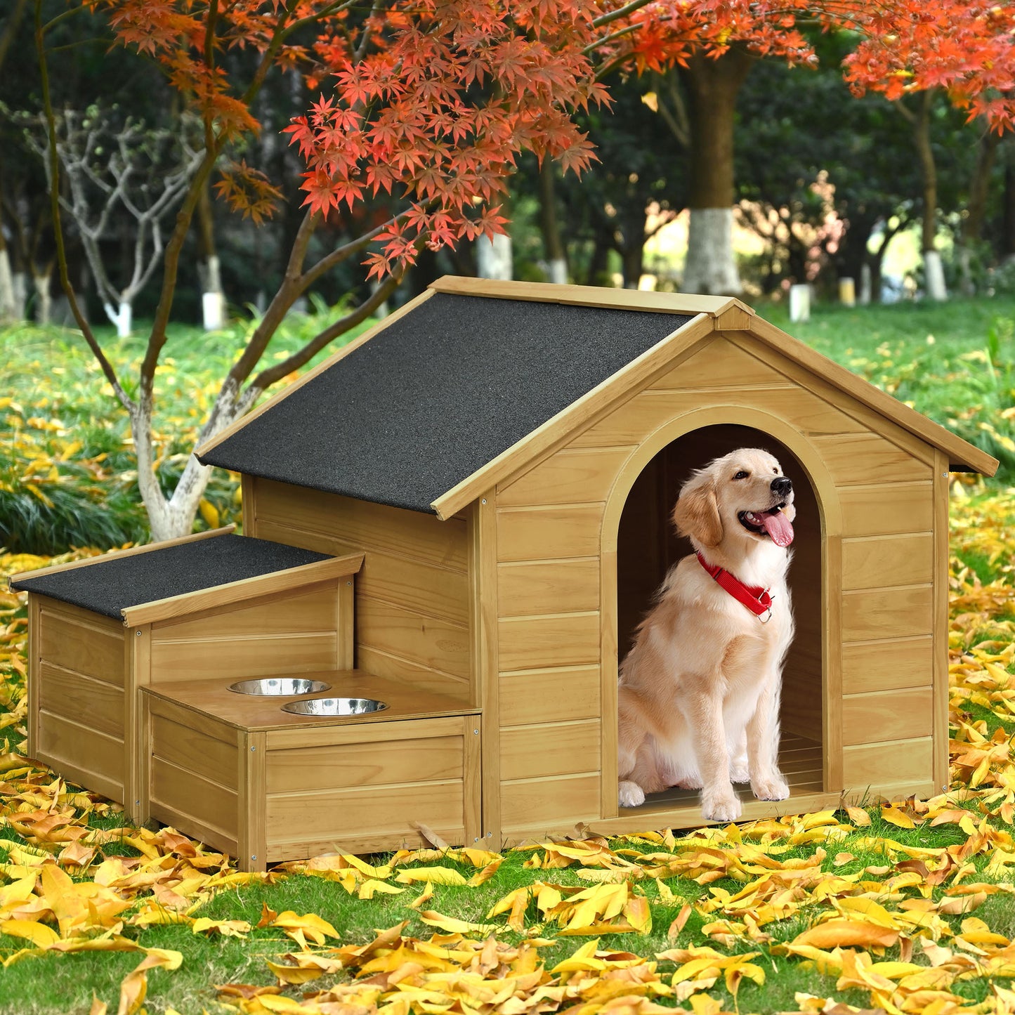 GO 51.18" L x 43.7" W x 37" H Large Size Wooden Dog House, Dog Crate For large dog breeds, Cabin Style Raised Dog Shelter with Asphalt Roof, Solid Wood, Weatherproof, Nature