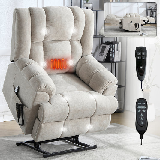 Dual Motor Heat Massage Infinite Position Up to 350 LBS Electric Power Lift Recliners with Power-Remote, Medium-firm and Heavy Duty, Beige