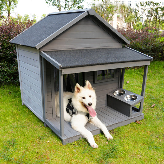 Large balcony dog house, length 44.2" x width 44.6 "x height 44.6" Solid wood asphalt roof dog house with large terrace, weatherproof large dog house, cleaning mat, feeding bowl