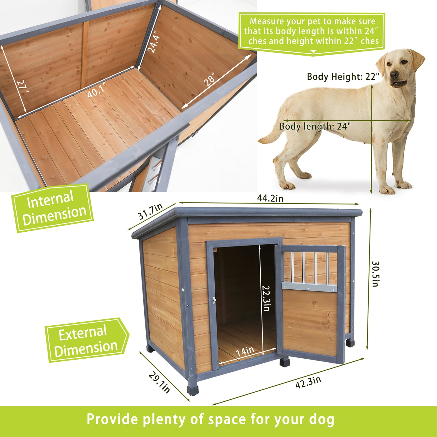 45"large solid wood dog house, waterproof PVC plastic roof, breathable wooden doors