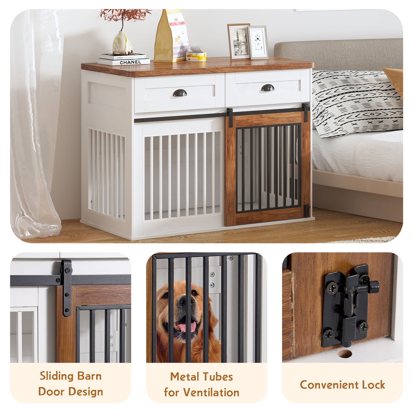 Heavy Duty Furniture style dog cage wooden dog cage double door dog cage side cabinet dog cage Dog crate (44 1/2"W *23"D *33 1/4"H)