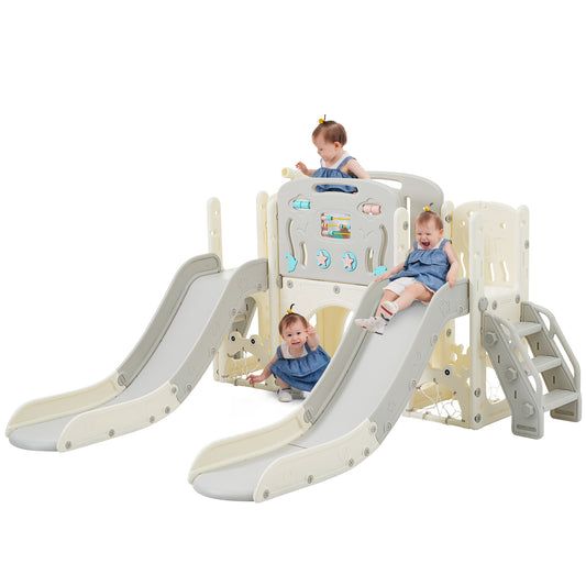 Kids Slide Playset Structure 8 in 1, Freestanding Ocean Themed Set with Slide, Arch Tunnel,Basketball Hoop and Telescope, Double Slides for Toddlers, Kids Climbers Playground