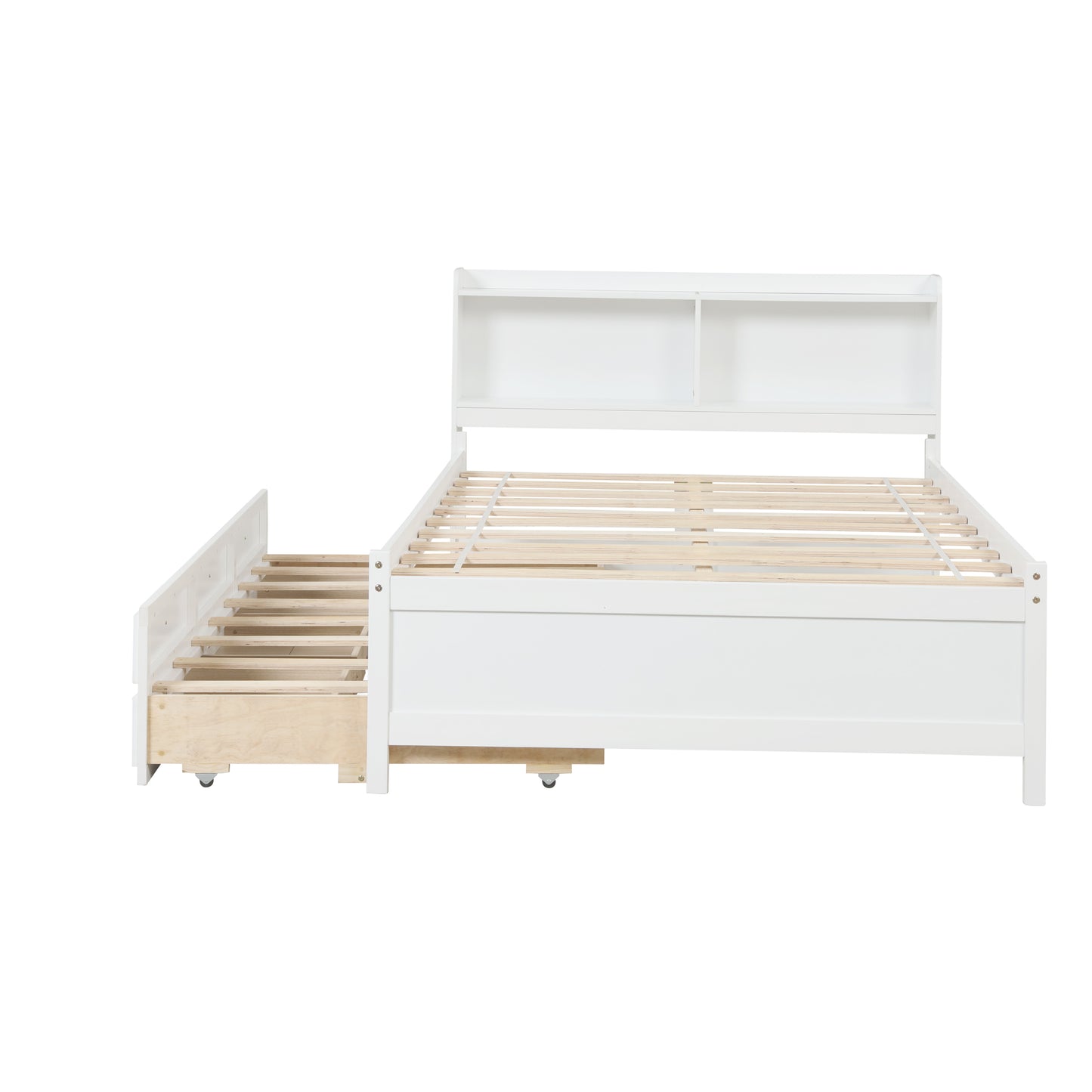 Full Bed with Bookcase,Twin Trundle,Drawers,White