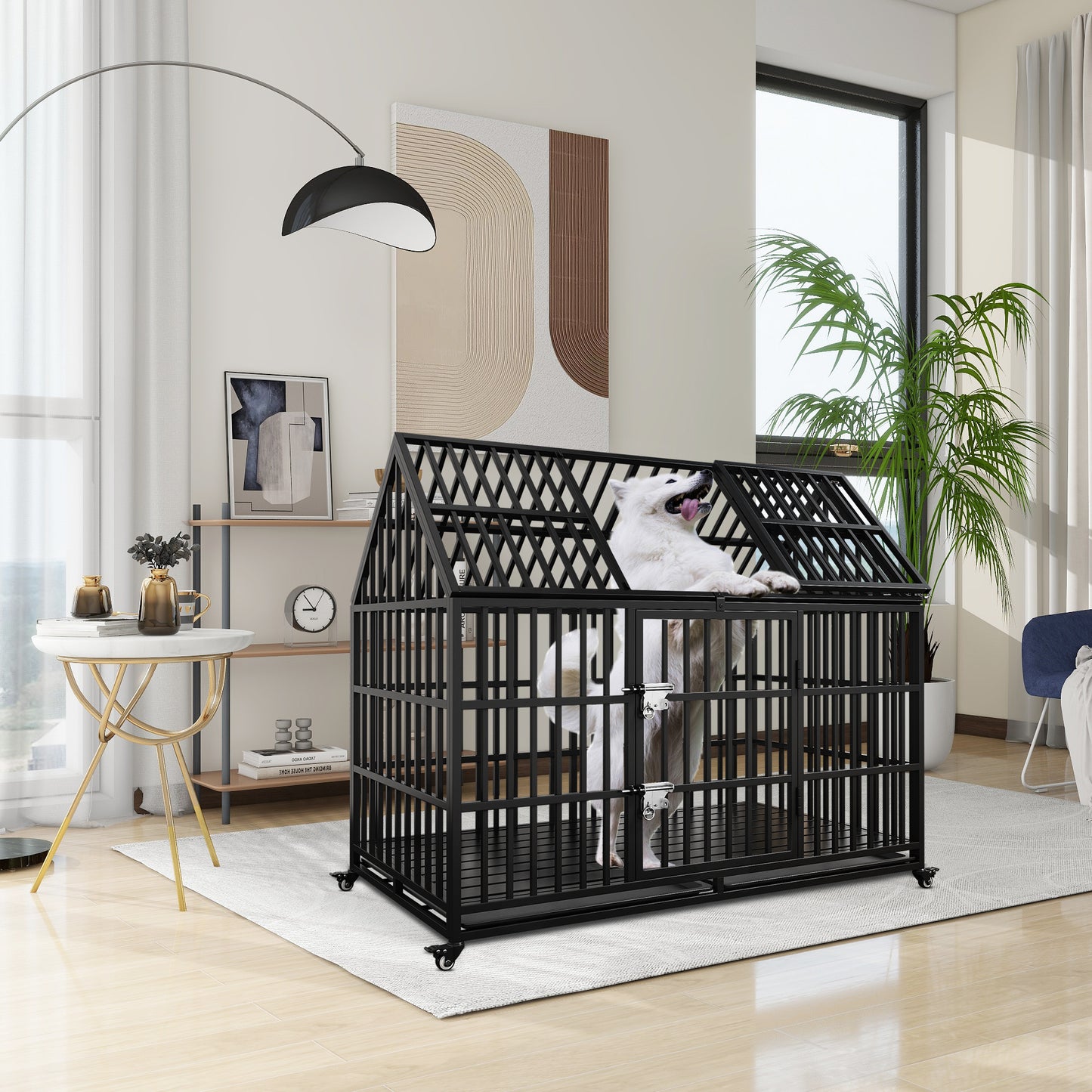 54" Heavy Duty Dog Crate Large Dog cage Strong Metal Dog Kennels and Crates for Large Dogs Top Open with 2 Doors 4 Lockable Wheels 2 Removable Trays