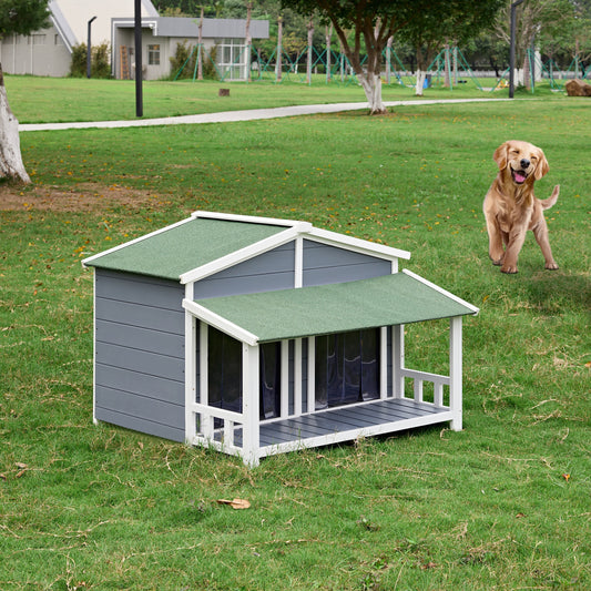 Dog House, Waterproof Dog Cage Kennel, Wooden Outdoor and Indoor Dog House, Log Cabin Style with Porch,Elevated Floor, 2 Doors, Pine Wood Blue+Green