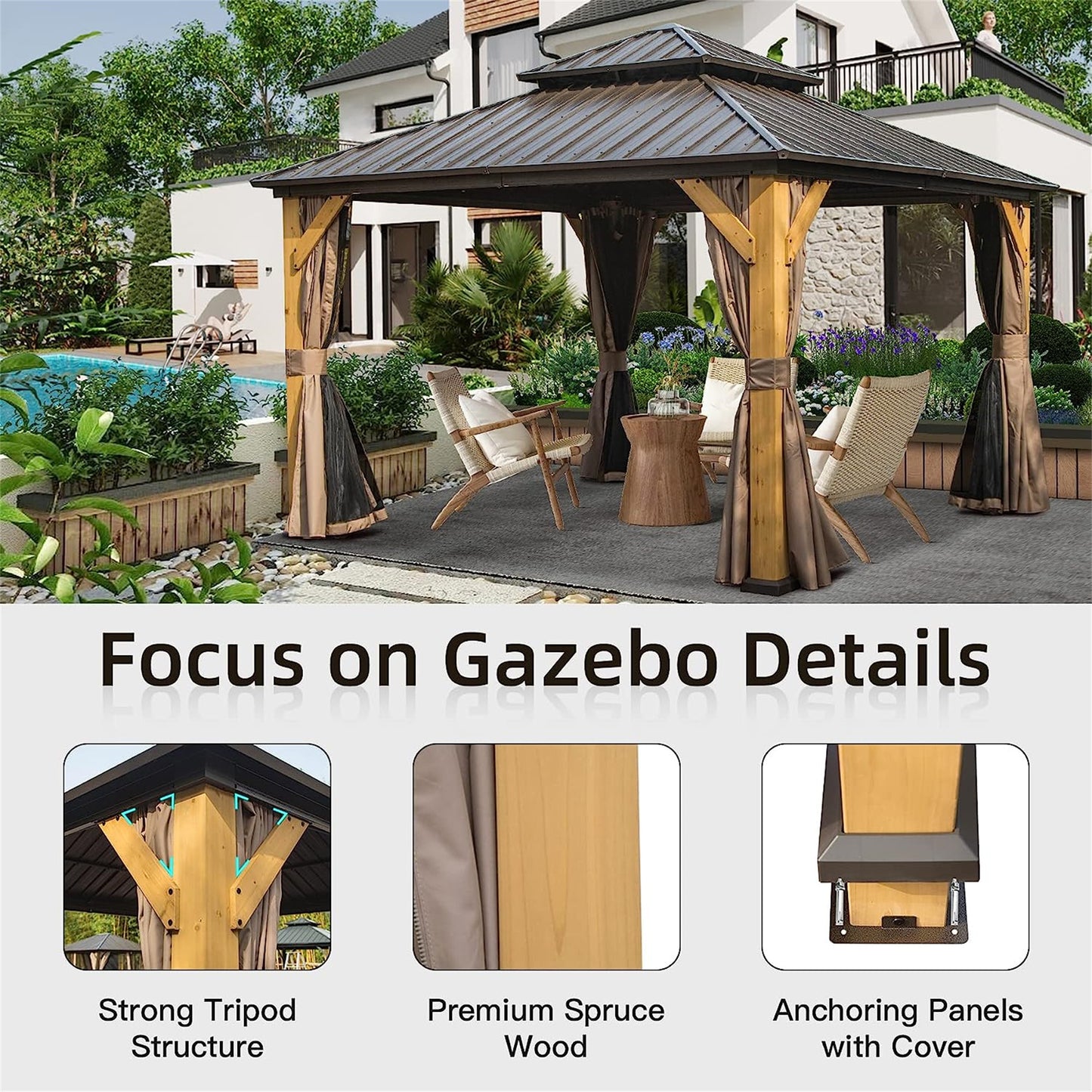 12'x12' Hardtop Gazebo, Outdoor Cedar Wood Frame Canopy with Galvanized Steel Double Roof, Outdoor Permanent Metal Pavilion with Curtains and Netting for Patio, Backyard and Lawn(Brown)