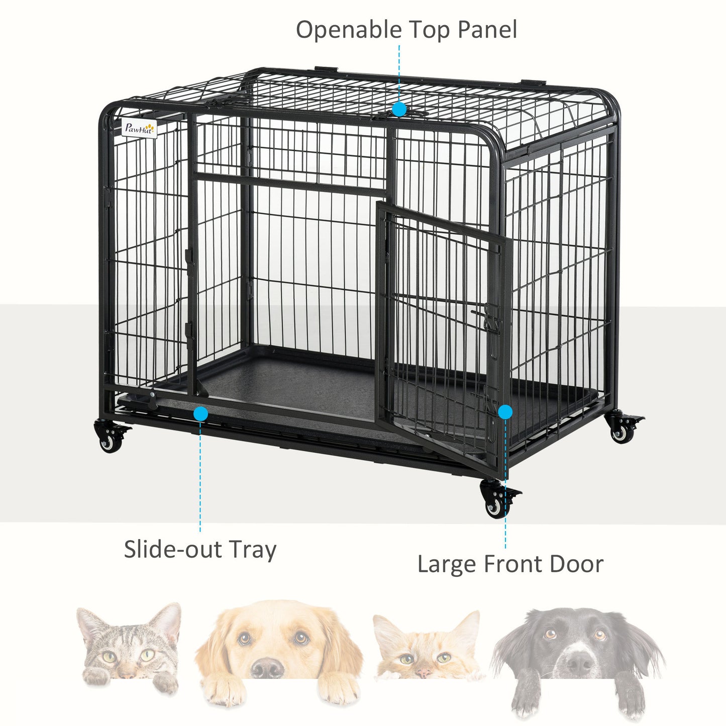 PawHut Folding Design Heavy Duty Metal Dog Cage Crate & Kennel with Removable Tray and Cover, & 4 Locking Wheels, Indoor/Outdoor 37"