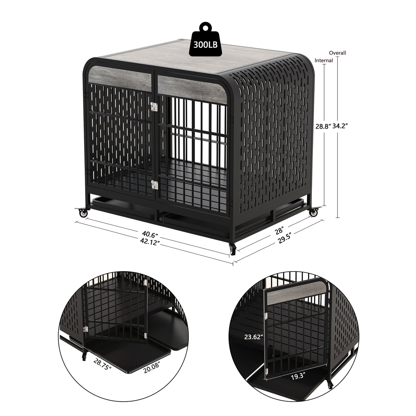 Heavy Duty Dog Crate Furniture Wooden Table Pet Dog Cage Kennel House Indoor Side End Table Decor with Removable Trays and Lockable Wheels for Medium and Large Dogs 42" Grey