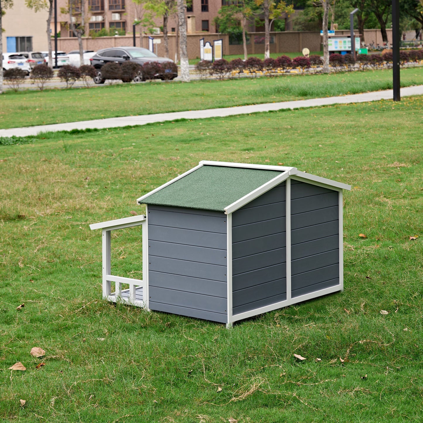 Dog House, Waterproof Dog Cage Kennel, Wooden Outdoor and Indoor Dog House, Log Cabin Style with Porch,Elevated Floor, 2 Doors, Pine Wood Blue+Green