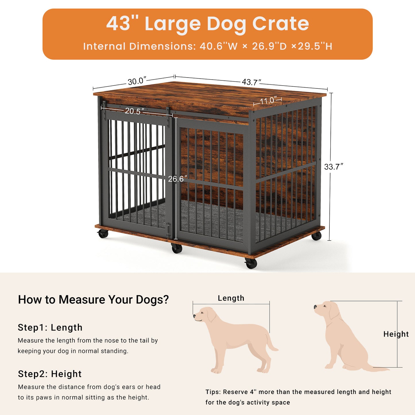 Furniture dog crate sliding iron door dog crate with mat. (Rustic Brown,43.7''W x 30''D x 33.7''H).