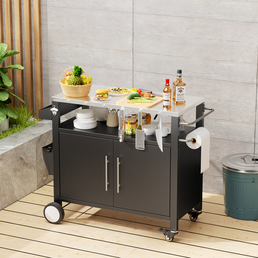 Two Doors Outdoor Grill Cart with Patio Furniture, Outdoor Grill Table with Storage,Rolling Bar Cart Outdoor BBQ Cart with  Hooks and Spice Rack for Grilling Accessories, Black
