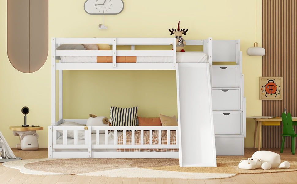 Twin Over Full Bunk Bed with Slide, Storage Staircase, Pine Solid Wooden Bunk Bed with Safety Guardrails,White