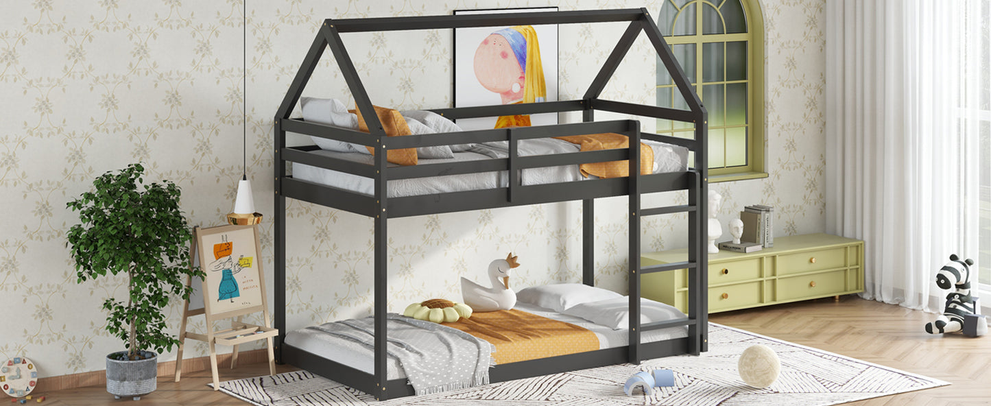 Twin over Twin Rubber Wood Floor Bunk Bed, with ladder,Guardrails,House-Shaped-Bunk Bed, Black