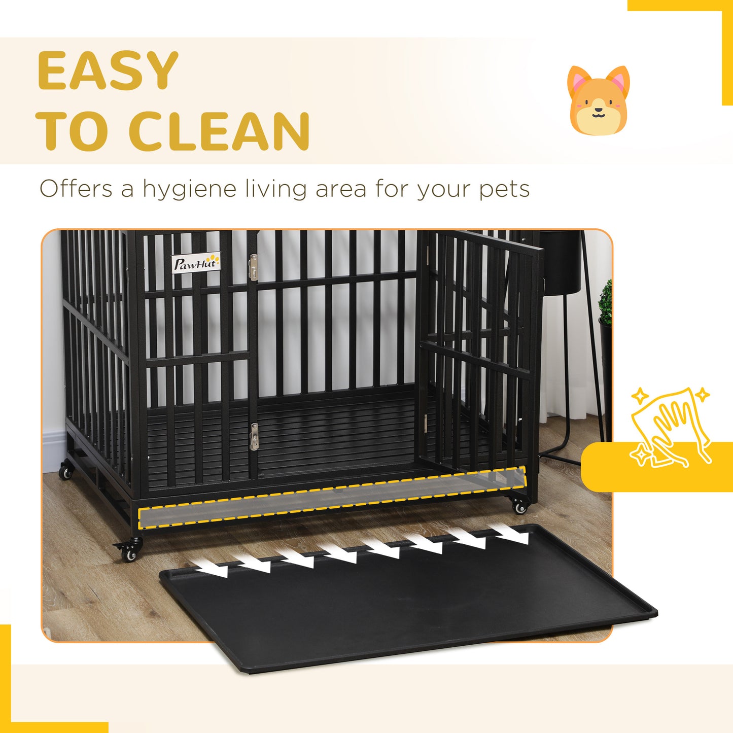 PawHut Heavy Duty Dog Crate Metal Kennel and Cage Dog Playpen with Lockable Wheels, Slide-out Tray and Anti-Pinching Floor, 45" x 29.5" x 35"