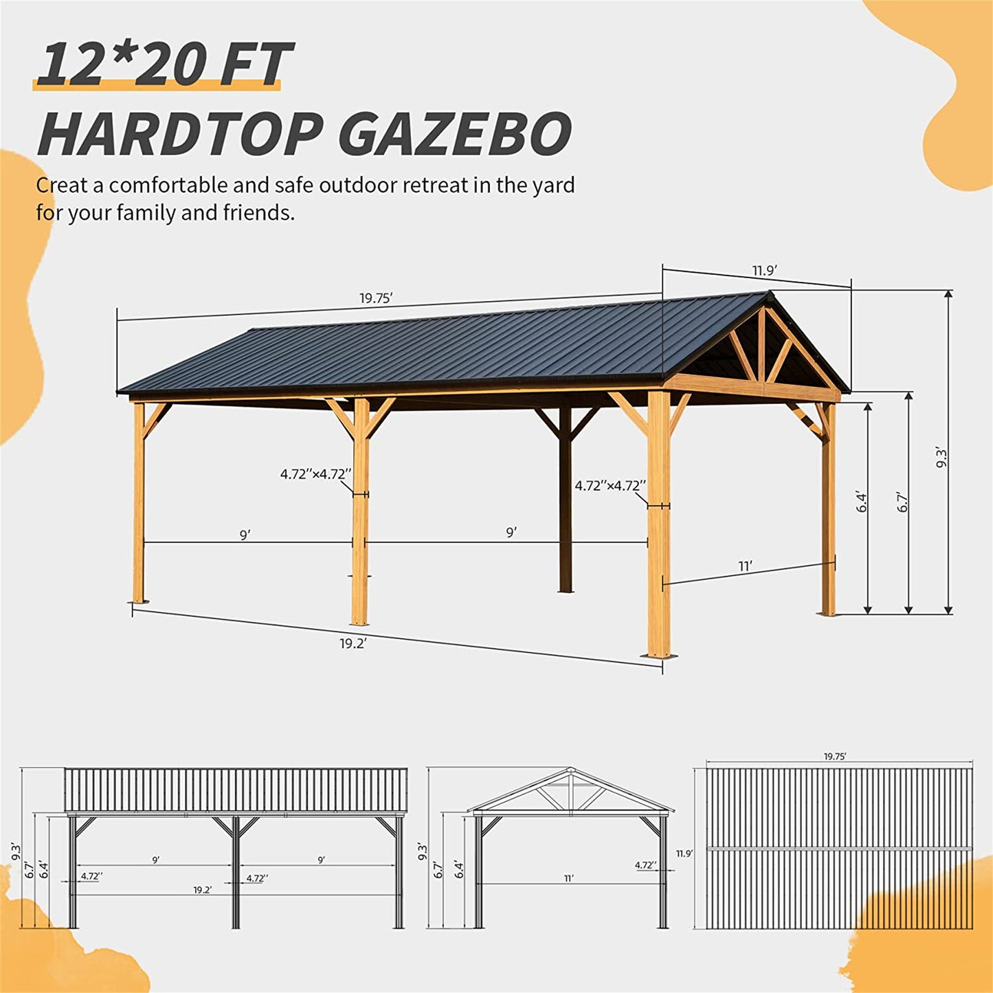 12x20ft Hardtop Gazebo, Galvanized Steel Gable Roof Gazebo Pergola with Wood Grain Aluminum Frame, Outdoor Permanent Gazebo Pavilion for Patio, Garden (Yellow Brown)