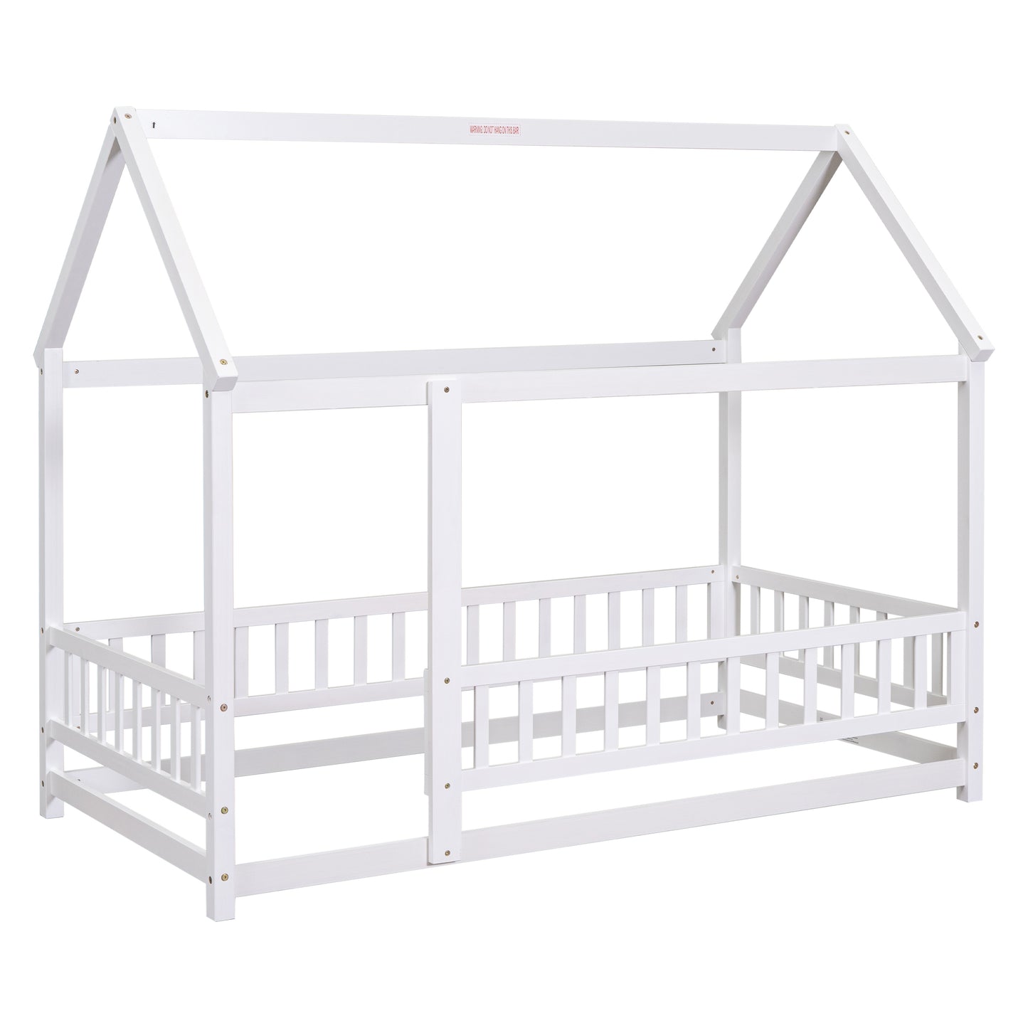 Twin Size Floor Wooden Bed with House Roof Frame, Fence Guardrails,White(Old SKU:W50471472)