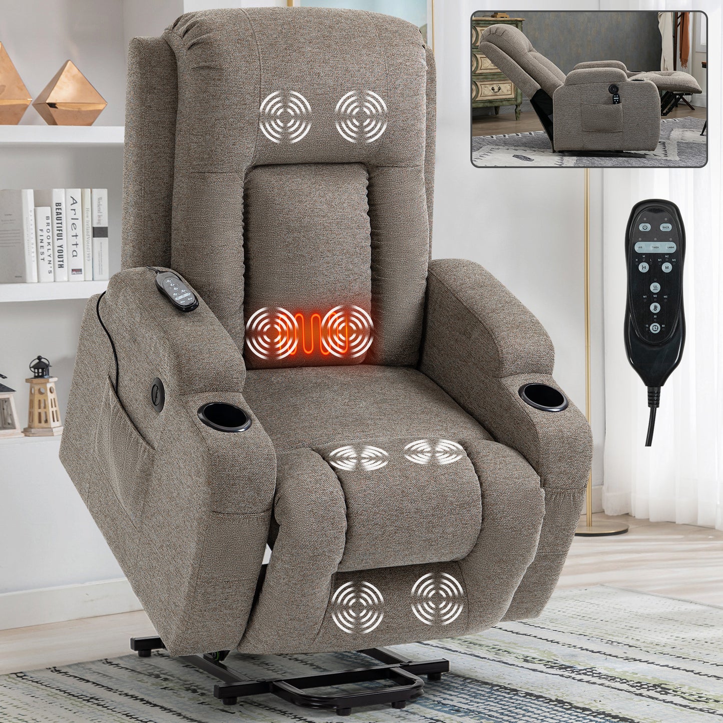 Infinite Position Single Motor Up to 350 LBS Power Lift Recliner Chair for Elderly, Heavy Duty Motion Mechanism with 8-Point Vibration Massage and Lumbar Heating, USB Charging Port, Cup Holders, Brown